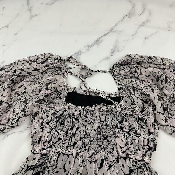 Anthropologie Puff Sleeve Midi Dress Size S Purple Black Sheer Peasant Ruffle - Picture 8 of 10